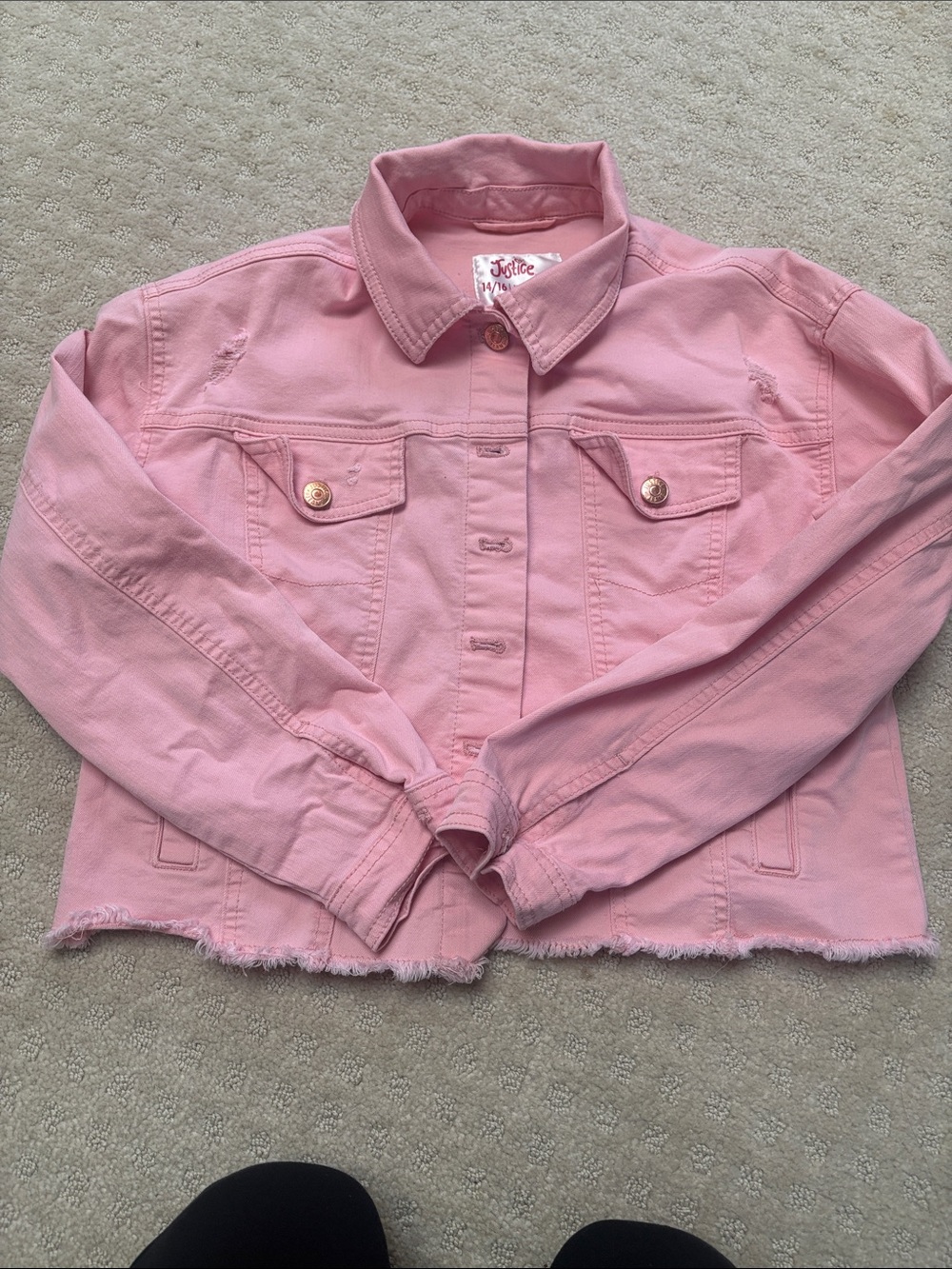 Justice Pink Distressed Cropped Denim Jacket